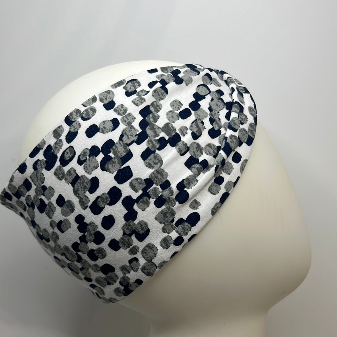 White with Blue and gray square dots headband.