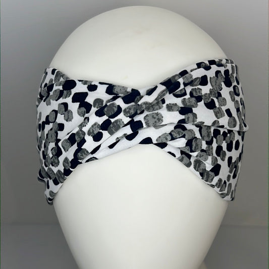 White with Blue and gray square dots headband.